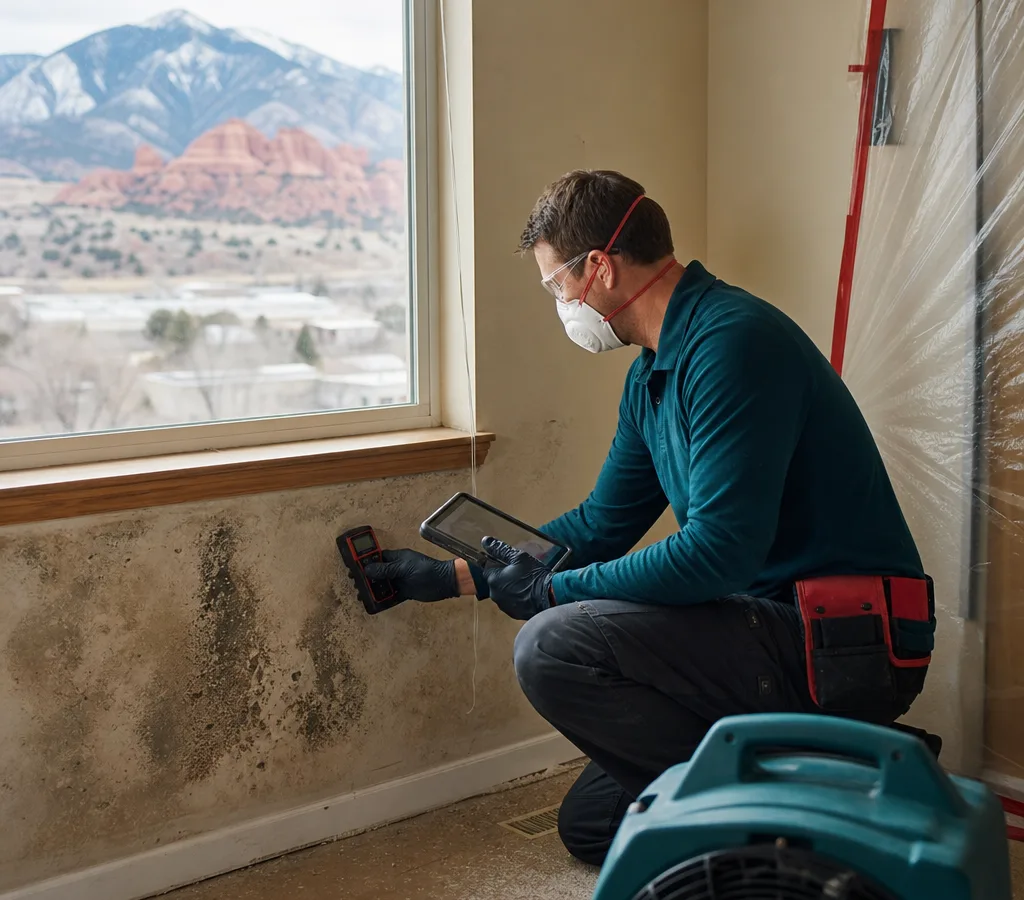 Inspector in PPE using a moisture meter on an interior wall near a window while documenting findings in a Colorado Springs home