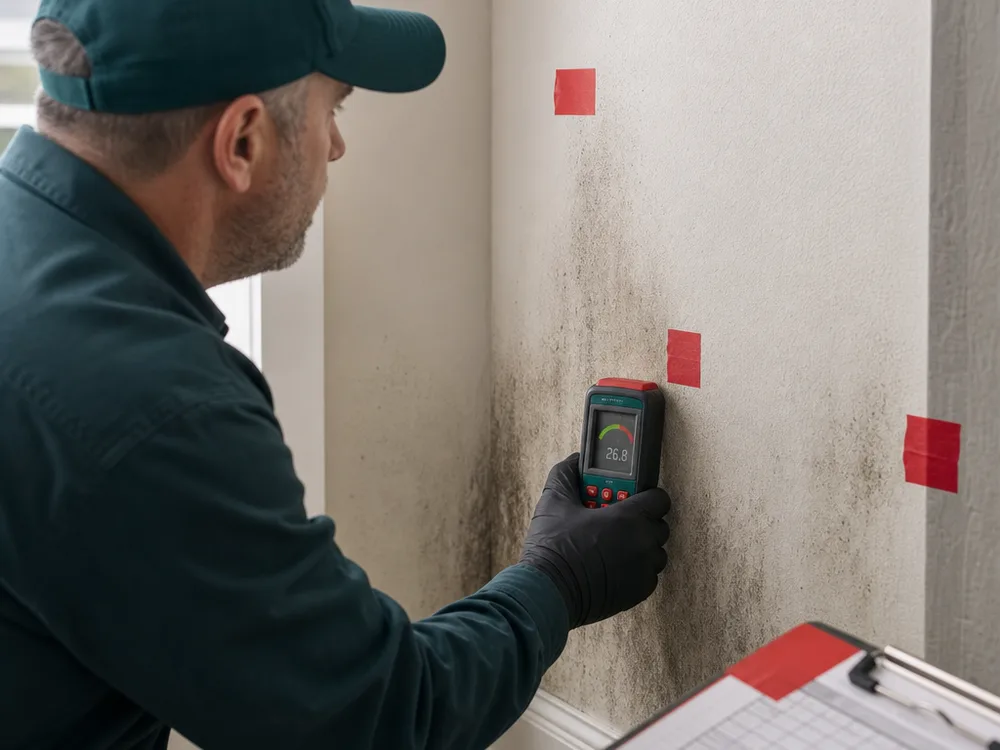 Moisture mapping on a wall with marked meter readings and an inspection report in the foreground