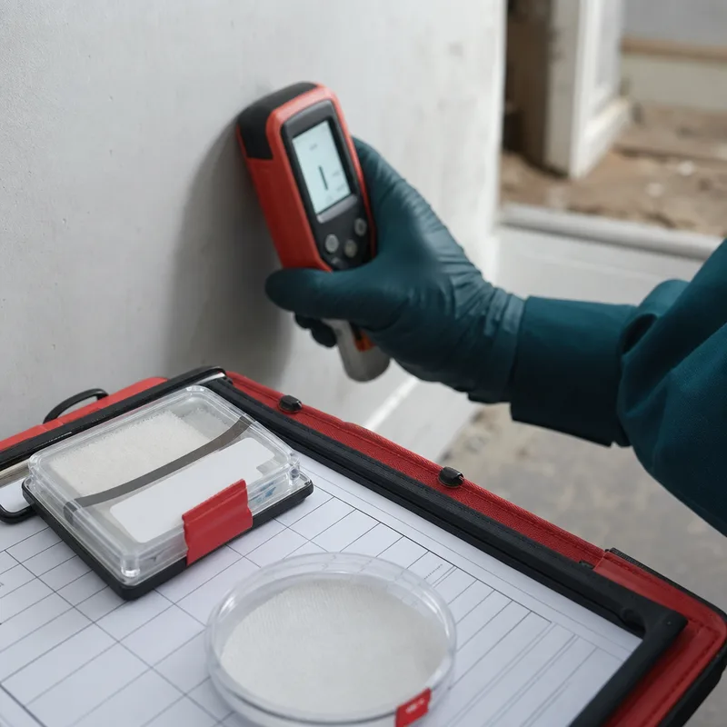 Labeled air sampling cassette and chain-of-custody form beside a moisture meter reading on drywall