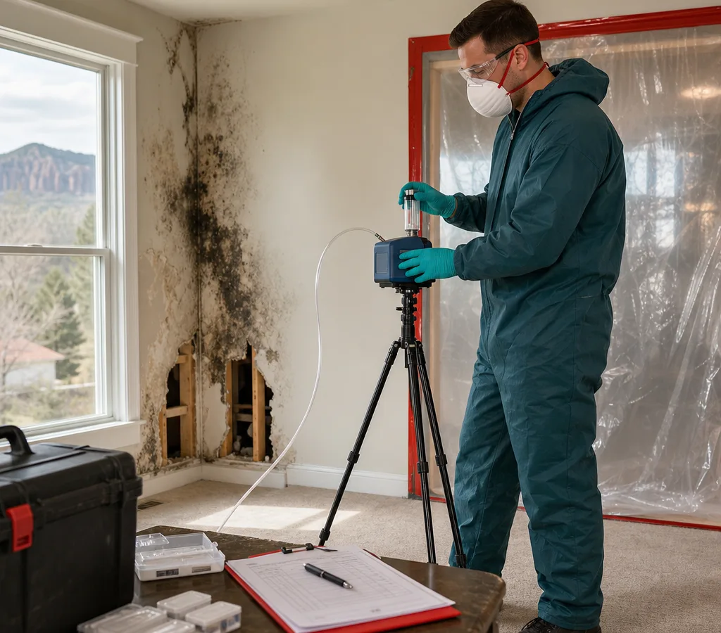 Inspector in PPE collecting an air sample in a Colorado Springs home using a calibrated pump with sampling materials visible