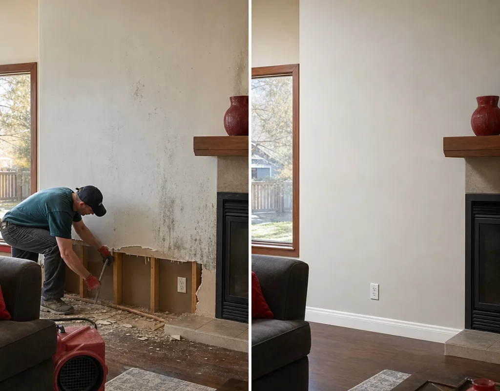 Before-and-after view of a living room wall with a flood cut and removed baseboard, then restored drywall and trim after drying and repair
