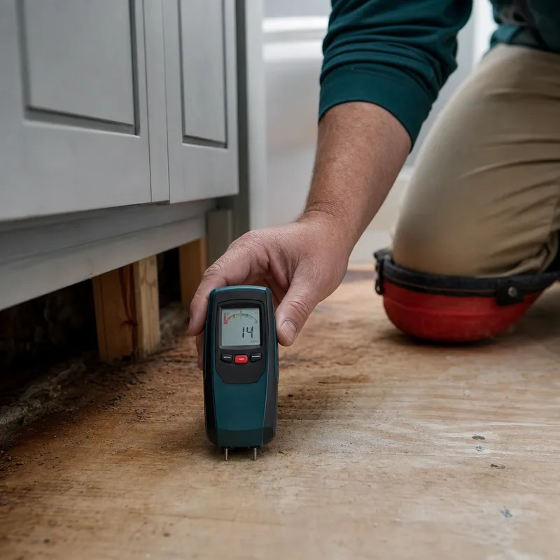 Moisture meter reading on a wood subfloor near a bathroom vanity after extraction, documenting drying progress