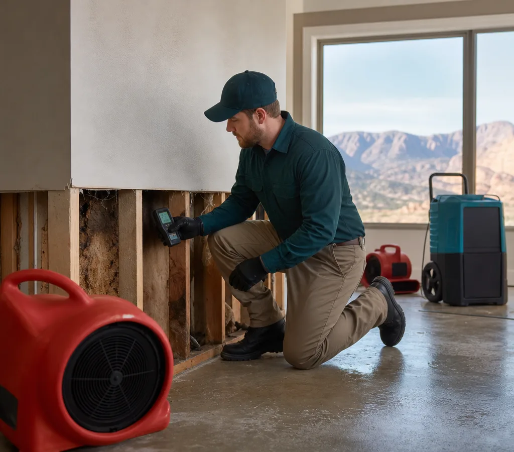 Technician using a moisture meter at a wet drywall cutout with air movers and a dehumidifier running in a Colorado Springs home