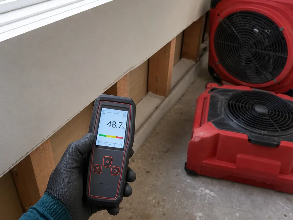 Baseboard removed and a small flood cut made in drywall while drying equipment runs and a moisture meter displays a reading
